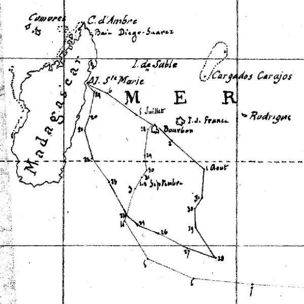 Navigation entre La réunion (notée Bourbon) et Madagascar