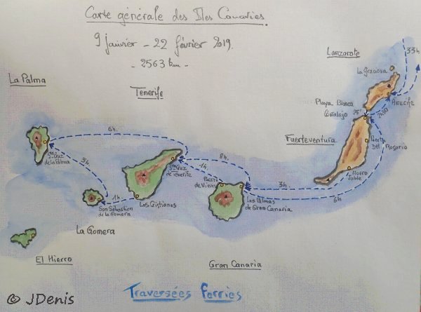 Carte de notre itinéraire dans l’archipel des Canaries - croquis Jacques Denis
