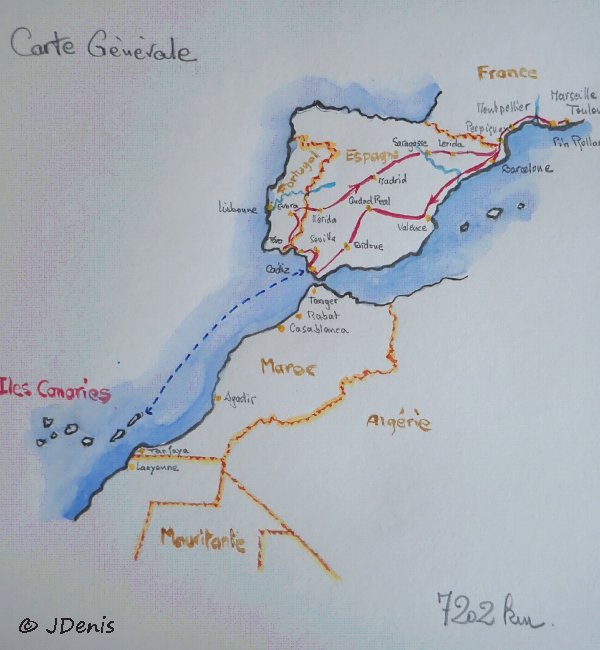 Carte générale de notre voyage 2019 aux Canaries - Croquis Jacques Denis.