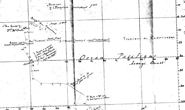 Début du trajet de la Polynésie vrs le Cap Horn du 24 février au 12 mars 1864 - Dessin de Charles Antoine
