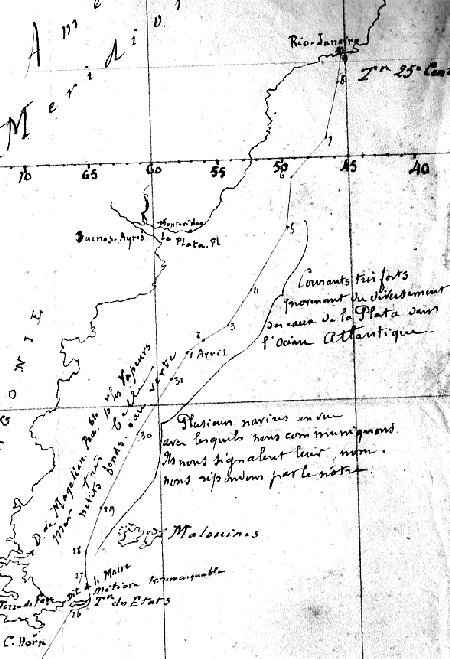 Trajet Cap Horn – Rio de Janeiro - mi mars - 9 avril 1864 – Extrait dessin de Charles-Antoine